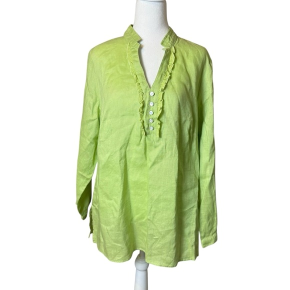 Tweeds Woman 100% Linen Tunic Top Lime Green Ruffle V-Neck Long Sleeve 1X Lagen - Picture 1 of 9